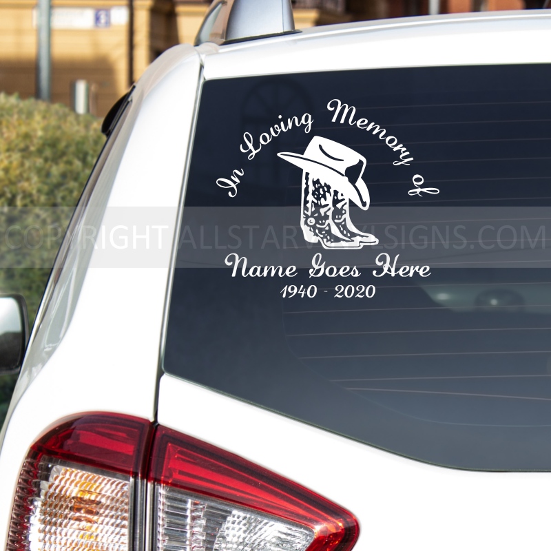 Cowboy Hat and Boots In Loving Memory Car Decal - Country Western